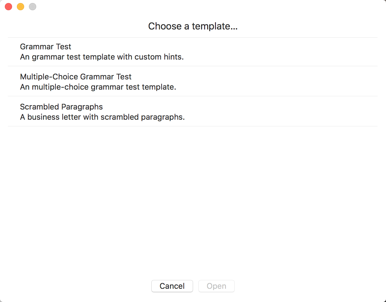 A screenshot showing the template chooser